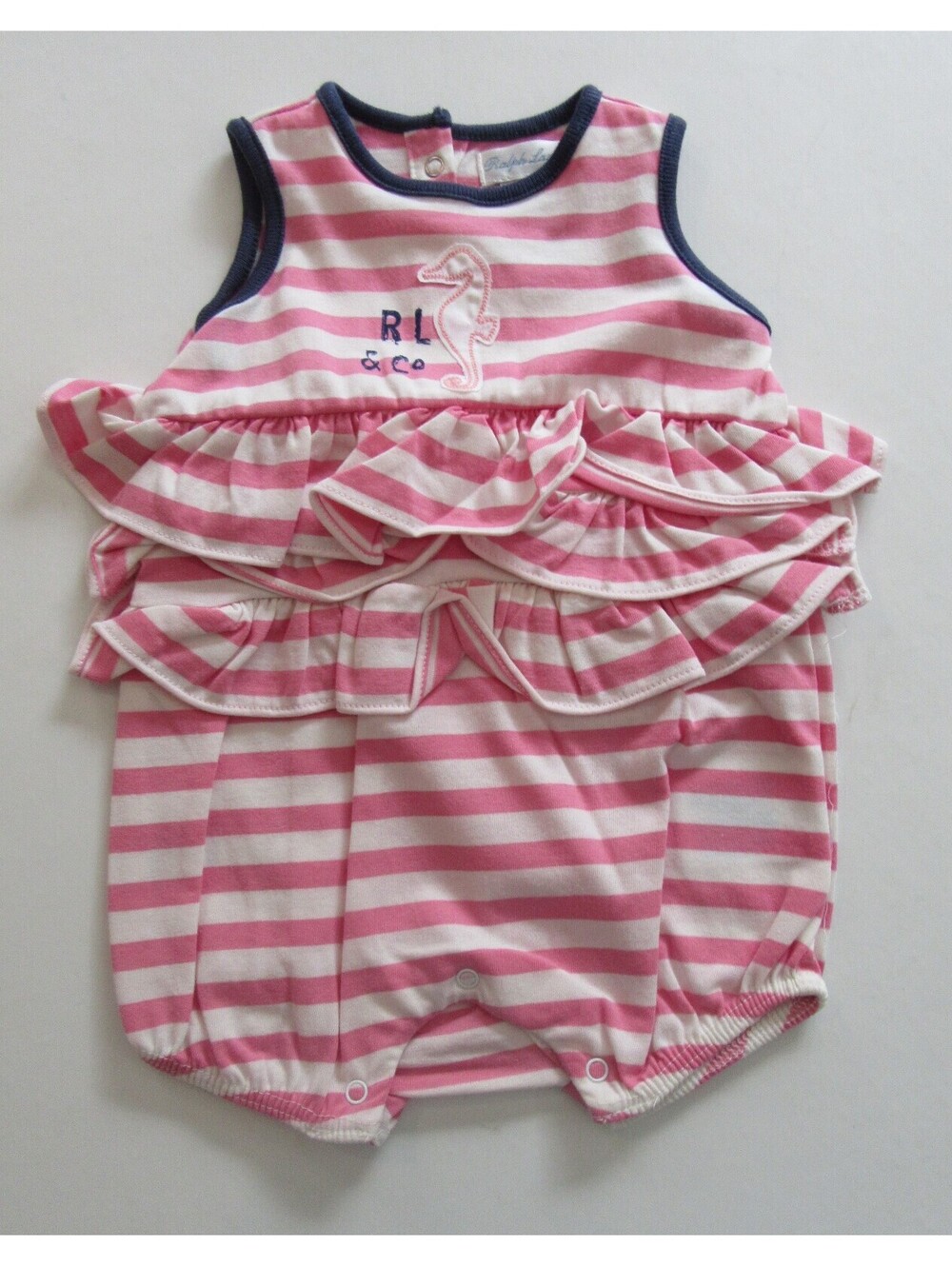 Ralph Lauren Baby Girls Shortall One Piece Seahorse Romper Pink Striped 3 Months